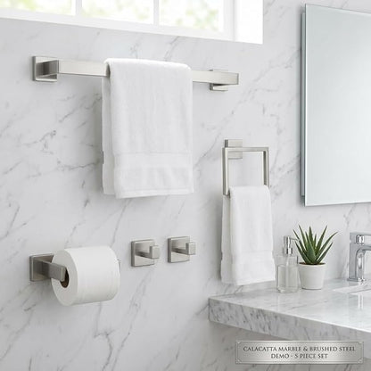 Brushed Nickel Bathroom Hardware Set, 5-Piece Premium SUS304 Stainless Steel Bath Accessories, 23.6 Inch Towel Bar Rack, Heavy Duty Square Fixtures for Modern Home