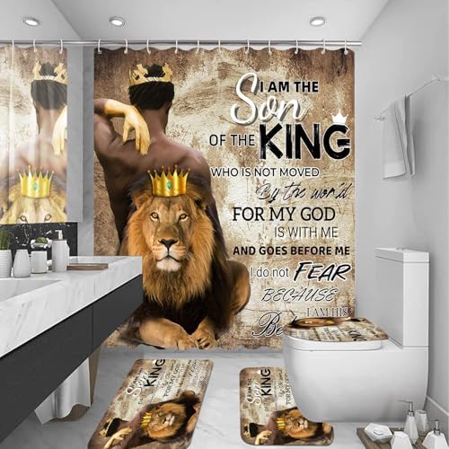 4Pcs Lion King Shower Curtain Set, Fathers Day Inspirational Black Man Bathroom Decor Shower Curtains and Rugs Toilet Lid Cover Bath Mat, Waterproof Africa American Shower Curtain for Man
