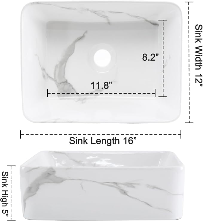 Bathroom Vessel Sink Combo with Faucet and Pop-up Drain, 16" x 12" Rectangular Porcelain Ceramic Basin with White Marble Pattern, Above Counter Sink for Vanity
