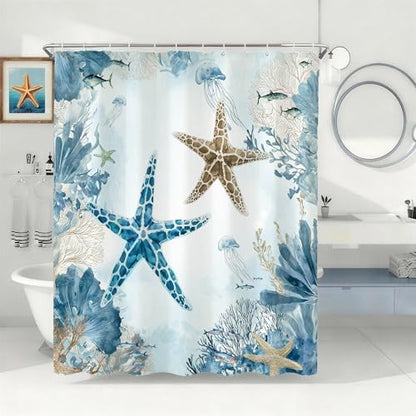Watercolor Beach Shower Curtain for Bathroom, Ocean Coastal Theme, 72x72 In