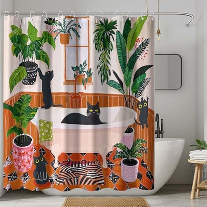Funny Cat Shower Curtain Boho Cute Fun Black Cats Matisse Shower Curtains for Bathroom Kitten Green Tropical Plant Leaves Beige Brown Red Waterproof Fabric Bath Curtain Decor 72 X 78 Inches