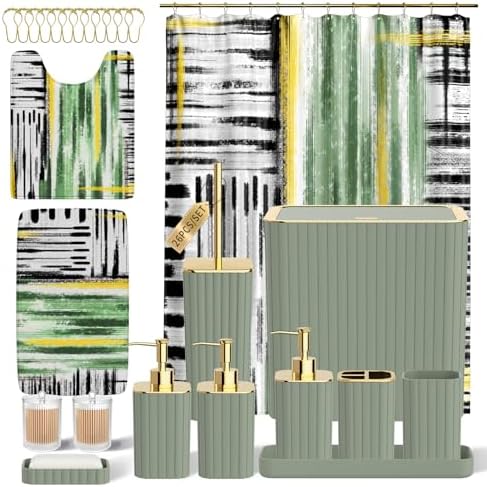Bathroom Set - Bathroom Accessory Set, Sage Green Bathroom Set, 26PC Bathroom Sets with Shower Curtain and Rugs, Toilet Brush, Trash Can, Qtip Holder & Bathroom Soap Dispenser Set