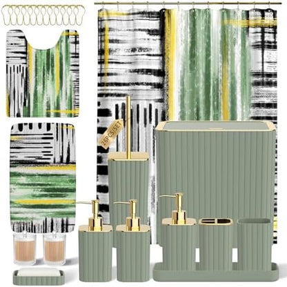 Bathroom Set - Bathroom Accessory Set, Sage Green Bathroom Set, 26PC Bathroom Sets with Shower Curtain and Rugs, Toilet Brush, Trash Can, Qtip Holder & Bathroom Soap Dispenser Set