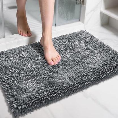 Yimobra Chenille Bathroom Rugs Non Slip, Extra Thick Soft Absorbent Bath Rug 31.5x20 Inch, Machine Washable Quick Dry Bath Mat for Bathroom Floor, Tub and Shower, Home Decor Accessories, Silver
