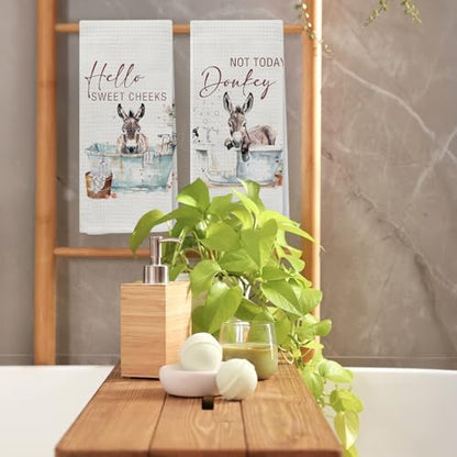 Funny Donkey Hand Towels, Hello Sweet Cheeks Bathroom Decor, Donkey Gifts Decorative Hand Towels for Washroom Restroom, Farmhouse Hand Tea Towels for Bathroom, 16x24 Inch Set of 2