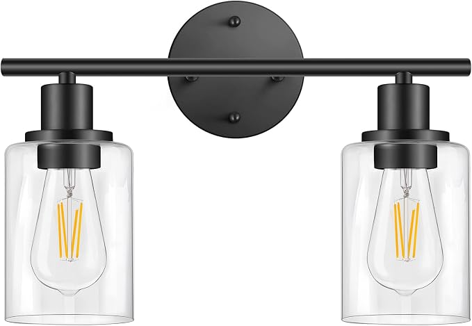 Bathroom Light Fixtures, 2 Light Black Vanity Light, Wall Sconces Lighting | Modern Bath Wall Mounted Lights with Glass Shade, Porch Wall Lamp for Mirror, Living Room, Bedroom, Hallway, Cabinet