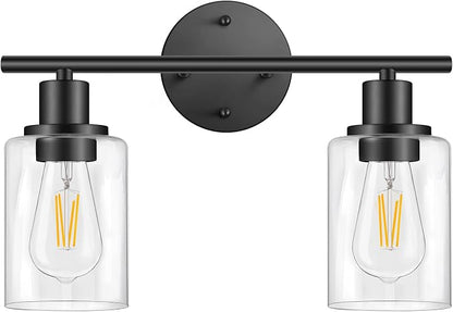 Bathroom Light Fixtures, 2 Light Black Vanity Light, Wall Sconces Lighting | Modern Bath Wall Mounted Lights with Glass Shade, Porch Wall Lamp for Mirror, Living Room, Bedroom, Hallway, Cabinet