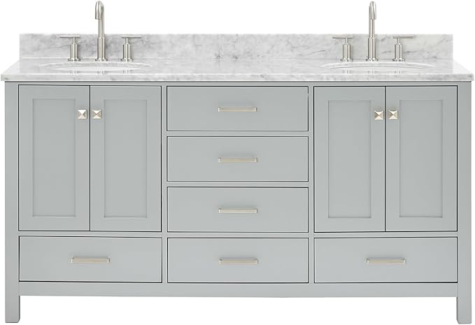ARIEL Cambridge 66-inch Bathroom Vanity with Sink,Solid Wood, 0.75-inch Italian Carrara Marble Countertop & Backsplash, Double Oval Porcelain Sink, 4 Soft Closing Doors, 6 Dovetail Drawers, Grey