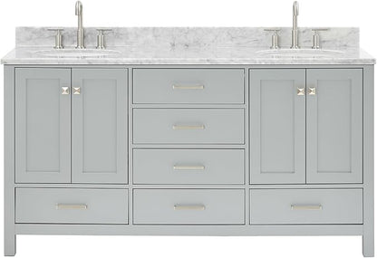 ARIEL Cambridge 66-inch Bathroom Vanity with Sink,Solid Wood, 0.75-inch Italian Carrara Marble Countertop & Backsplash, Double Oval Porcelain Sink, 4 Soft Closing Doors, 6 Dovetail Drawers, Grey
