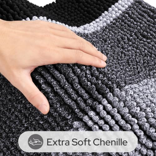 HOMEIDEAS Black Bathroom Rugs Set of 2, Striped Chenille, 20"x32"+17"x24"