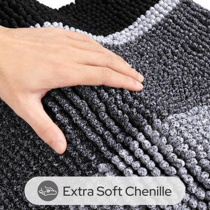 HOMEIDEAS Black Bathroom Rugs Set of 2, Striped Chenille, 20"x32"+17"x24"