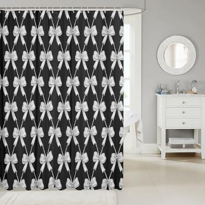 jejeloiu Cute Bow Bathroom Accessories 72"x78" Gray Black Bowknot Shower Curtain for Bathroom Decor Kawaii Girls Bath Curtain Waterproof Polyester Fabric with 12 Hooks for Stalls Bathtubs Princess