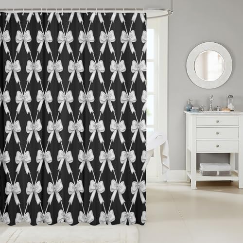 jejeloiu Cute Bow Bathroom Accessories 72"x72" Gray Black Bowknot Shower Curtain for Bathroom Decor Kawaii Girls Bath Curtain Waterproof Polyester Fabric with 12 Hooks for Stalls Bathtubs Princess
