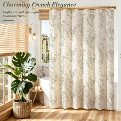 Sage Linen Farmhouse Shower Curtain, Boho Floral Bathroom 72x84