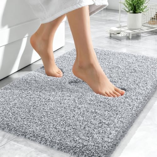 OLANLY Microfiber Bathroom Rugs 24x16, Quick Dry Bath Mat, Grey and White