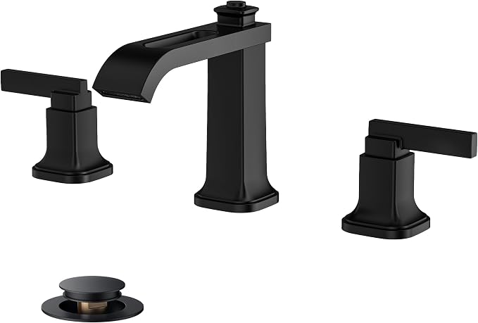 FORIOUS Bathroom Faucet 3 Hole Widespread Sink Faucets Matte Black | 3-hole 4-12 Inch Widespread Sink, Square Waterfall Spout, with Drain and Hoses,for Vanity Rv Commercial Lavatory Restroom