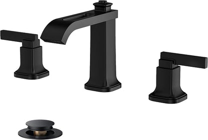 FORIOUS Bathroom Faucet 3 Hole Widespread Sink Faucets Matte Black | 3-hole 4-12 Inch Widespread Sink, Square Waterfall Spout, with Drain and Hoses,for Vanity Rv Commercial Lavatory Restroom