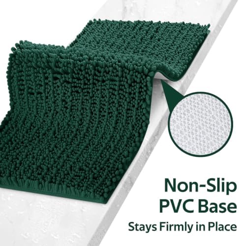 Upgrade Luxury 2 Piece Deep Green Toilet Bathroom Rug Mat U Shape 24"x20"+48"x20", Ultra Soft Thick Absorbent Bath Mats, Non Slip Chenille Toilet Mat for Bathroom, Bedroom, Kitchen, Shower, Tub