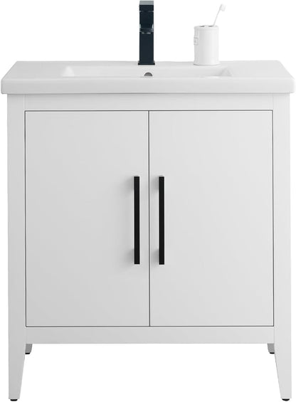 30 Inch Bathroom Vanity with Sink & Ceramic Top, Single Vanity Cabinet with Basin, Soft-Closing Doors & Matte Black Hardware, White