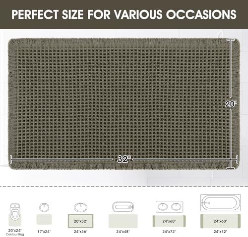 Upgraded Waffle Bath Mat, 32"x20" Greyish Green, Super Absorbent Non-Slip Quick Dry Bathroom Rugs with Tassels, Machine Washable Ultra Soft Boho Bath Rugs for Floor, Toilet Mats Boho Farmhouse Decor