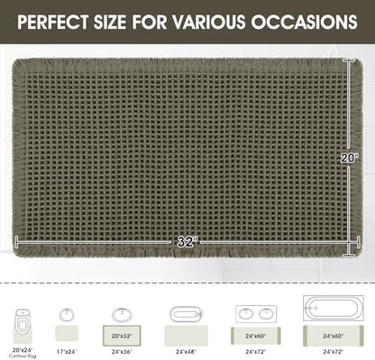 Upgraded Waffle Bath Mat, 32"x20" Greyish Green, Super Absorbent Non-Slip Quick Dry Bathroom Rugs with Tassels, Machine Washable Ultra Soft Boho Bath Rugs for Floor, Toilet Mats Boho Farmhouse Decor