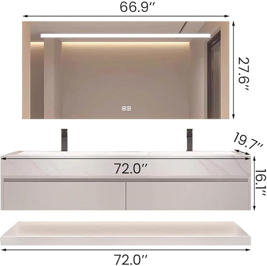 72" Double Sink Modern Bathroom Vanity Set with LED Mirror, Seamless Design with Ceramic Sink & Quartz Countertop, Paint-Free Multi-Layer Solid Wood Cabinet, Soft-Close Doors, White‌