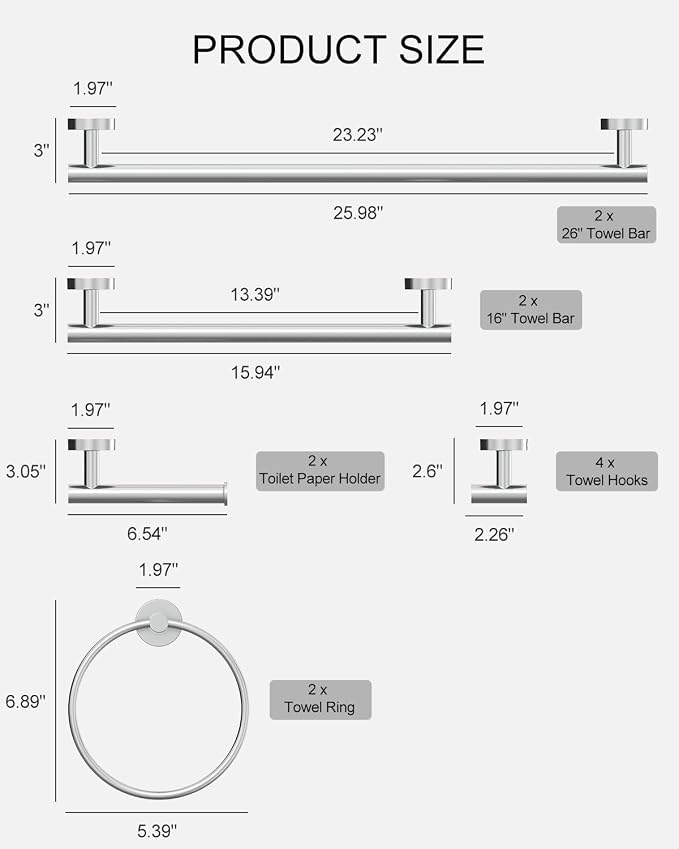 Wall-Mount Towel Bar Bathroom Hardware Accessory Set 12-Piece | Chrome,Stainless Steel,Wall Mount,Bathroom Hardware Set,Simple DIY installation,Stain-resistant and easy to maintain,Modern