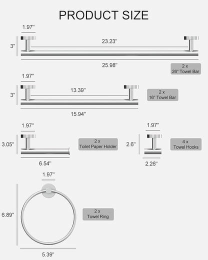 Wall-Mount Towel Bar Bathroom Hardware Accessory Set 12-Piece | Chrome,Stainless Steel,Wall Mount,Bathroom Hardware Set,Simple DIY installation,Stain-resistant and easy to maintain,Modern