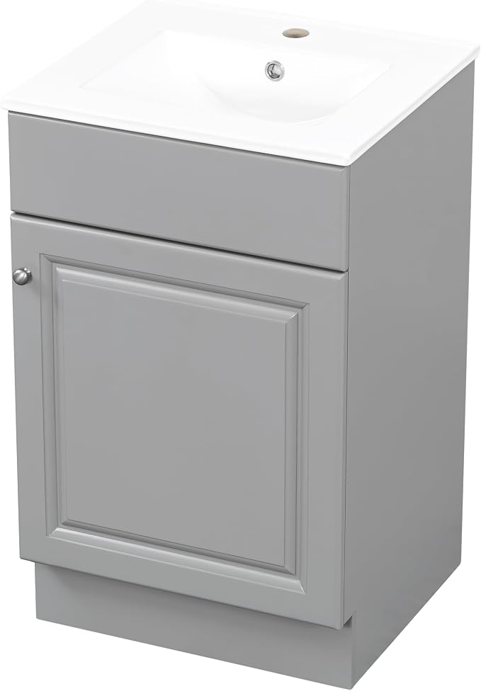 Christopher Knight Home Vanes Wood Frame 20" Bathroom Vanity with Ceramic Sink, Cabinet with Soft-Closing Door Shelf and Adjustable Shelf, Open Back, Metal Hardware, Storage/Organizer, Gray