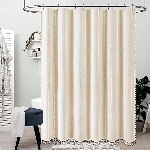 BTTN 54 x 72 Boho Linen Heavy Duty Cloth Shower Curtain Set, Cream/Beige