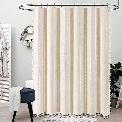 BTTN 54 x 72 Boho Linen Heavy Duty Cloth Shower Curtain Set, Cream/Beige