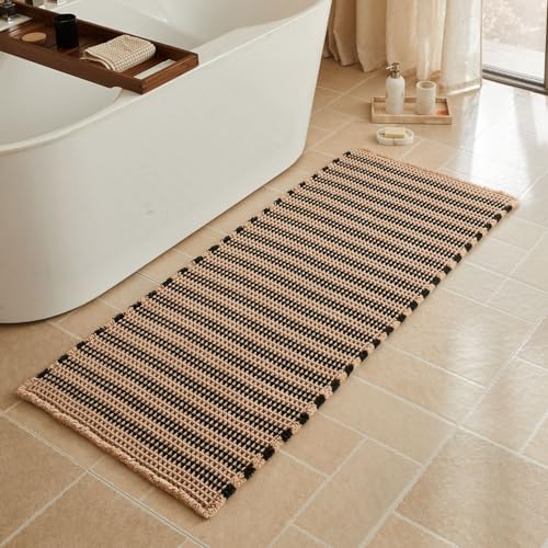 Triohero Waffle Runner Rug Bathroom, Long Boho Bath Mat 24x60 Khaki & Black
