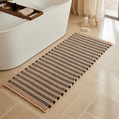 Triohero Waffle Runner Rug Bathroom, Long Boho Bath Mat 24x60 Khaki & Black