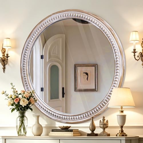 36 Inch Round Mirror for Wall, Rustic Wooden Circle Mirrors for Bathroom
