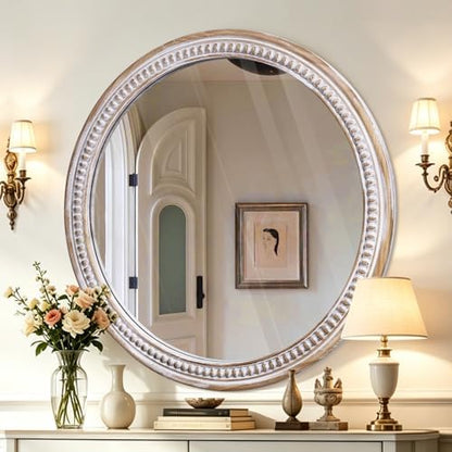 36 Inch Round Mirror for Wall, Rustic Wooden Circle Mirrors for Bathroom