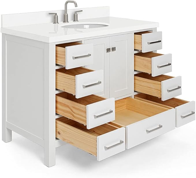 ARIEL Cambridge 42-inch Bathroom Vanity with Sink,Solid Wood, 1.5-inch Pure White Quartz Countertop & Backsplash, Single Oval Porcelain Sink, 2 Soft Closing Doors, 9 Dovetail Drawers, White