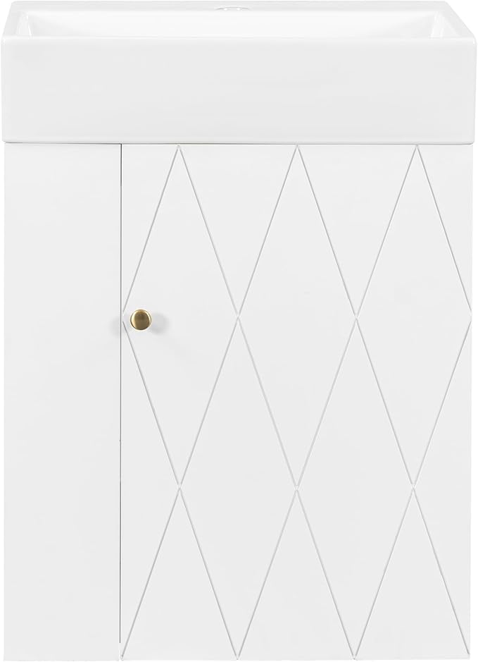 20" Floating Small Bathroom Vanity with Sink, Wall Mounted Vanity for Compact Bathrooms, Space-Saving Narrow Bathroom Vanities with Soft-Close Door Open Shelf Towel Bar (White,20" Floating Door)