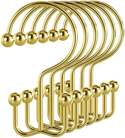 Bathway Shower Curtain Hooks Gold Shower Curtain Rings, 12 Pcs Double Hook Shower Curtain Hooks Rings Shower Curtain Hangers Rust Proof, Metal Shower Hooks for Bathroom Shower Curtain Rod