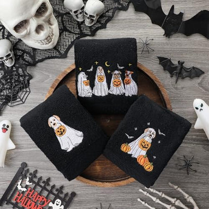 FuWeave 3 Pcs Black Halloween Ghost Dog Hand Towels for Bathroom