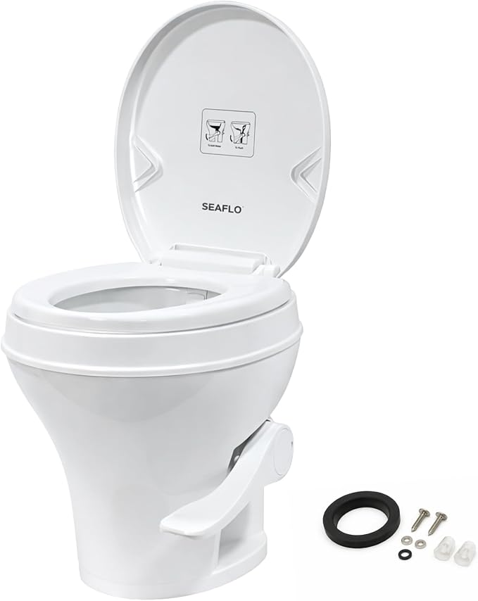 SEAFLO RV Toilet – 18.4" Residential Height, Gravity Flush Foot Pedal, 4-Year Warranty, Fits Most RVs (9.5" Rough-In), Soft Close Seat, 2-Bolt Mount, for Camper Travel Trailer Motorhome SFRTPH-01-01