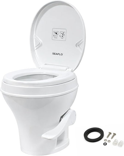 SEAFLO RV Toilet – 18.4" Residential Height, Gravity Flush Foot Pedal, 4-Year Warranty, Fits Most RVs (9.5" Rough-In), Soft Close Seat, 2-Bolt Mount, for Camper Travel Trailer Motorhome SFRTPH-01-01