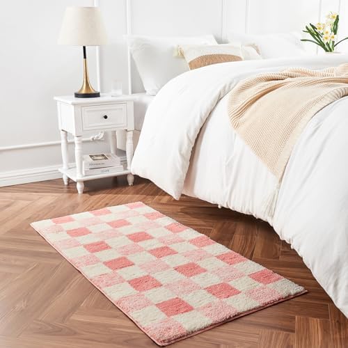 CozeCube Blossom Pink Checkered Bath Mat 47"x24" Non Slip Washable Rug