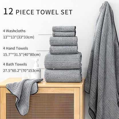 Ultra Soft Bath Towel Set,12 Piece (4 Bath Towels,4 Hand Towels,4 Washcloths) Family Bathroom Towel Set with Hanging Loops,Quick Dry Extra Absorbent Fluffy Shower Towel for Bathroom,Hotel,Spa-Black