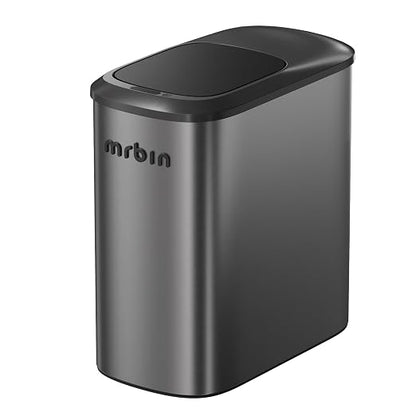 MRBIN Stainless Steel Motion Sensor Bathroom Trash Can, 10L / 2.6gal Slim Smart Toilet Waste Basket with Lid, Automatic Touchless Kitchen Bucket for Narrow Restroom, Vanity, Rv, Eclipse Grey