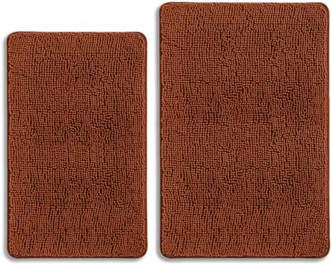 Rust Bathroom Rugs Sets 2 Piece – Absorbent and Washable Bath Mat, Non-Slip, Thick Soft Chenille Bath Rugs for Bathroom Floor, Shower, Sink - 20" x 32"+24" x 36"