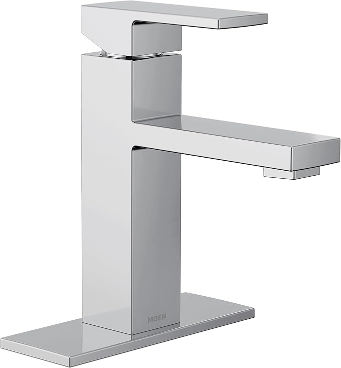 Moen Revyl Chrome One-Handle Single Hole Modern Bathroom Sink Faucet with Optional Deckplate and Spring Loaded Drain Assembly, 84771