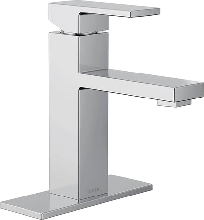 Moen Revyl Chrome One-Handle Single Hole Modern Bathroom Sink Faucet with Optional Deckplate and Spring Loaded Drain Assembly, 84771