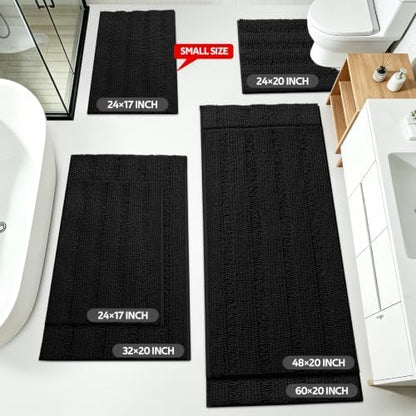 ACCUMTEK Striped Black Bathroom Rug Set 3 Pieces Ultra Soft, Non Slip Chenille Toilet Mat, Absorbent Plush Shaggy Bath Mats for Bathroom, Bedroom, Kitchen