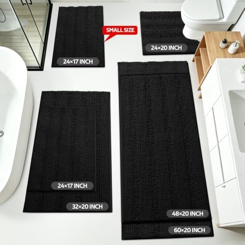 ACCUMTEK Striped Black Toilet Bathroom Rug Mat Set 2 piece Rug Ultra Soft, Non Slip Chenille Bath Rugs, Absorbent Plush Shaggy Bath Mats for Bathroom, Bedroom, Kitchen, Shower, Tub