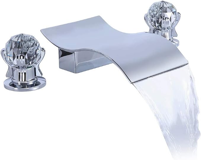 Widespread Bathroom Sink Faucet with Crystal Knob 3 Hole Waterfall Vanity Faucet 8 Inch Crystal Bathroom Faucets Deck Mount Basin Mixer Tap with Hose, Chrome